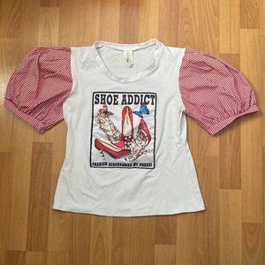 Vintage Cheeky Shoe Addict T Shirt Puff Checkered Short Sleeve Women L Made USA